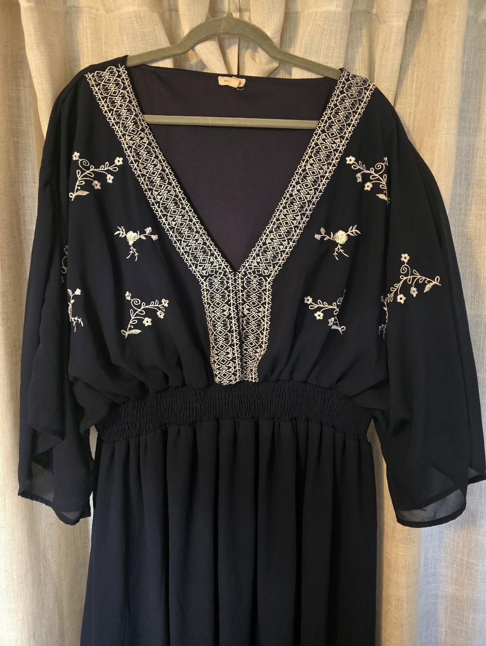 En Creme plus Navy Blue Maxi Dress with embroidered kimono sleeves - Picture 2 of 5